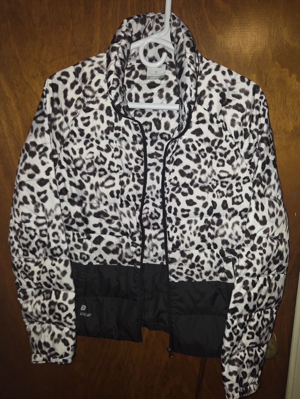 Leopard Print Puffer Jacket with Black Contrast Hem
